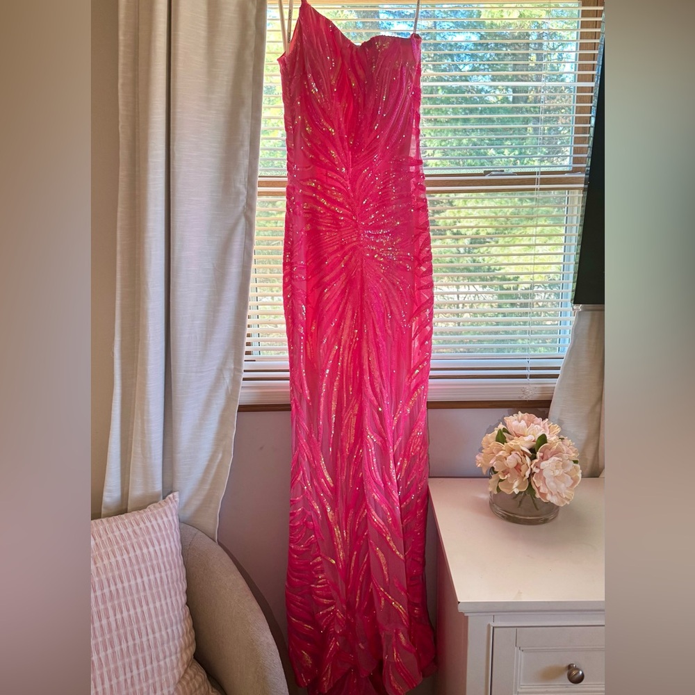 Hot pink prom dress, jovani, size 6, one shoulder.